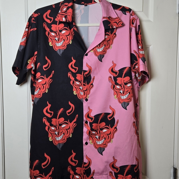 Hawaiian Devil Button Down Shirt Black & Pink Casual BOLD HARAJUKU STREETWEAR LG - Picture 13 of 17